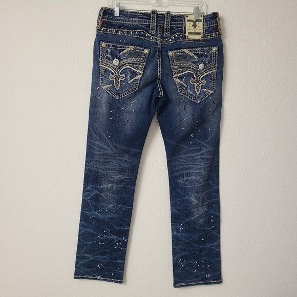 NEW Rock Revival Gian Straight Denim Jeans Size 32x32 Blue Paint Splatter